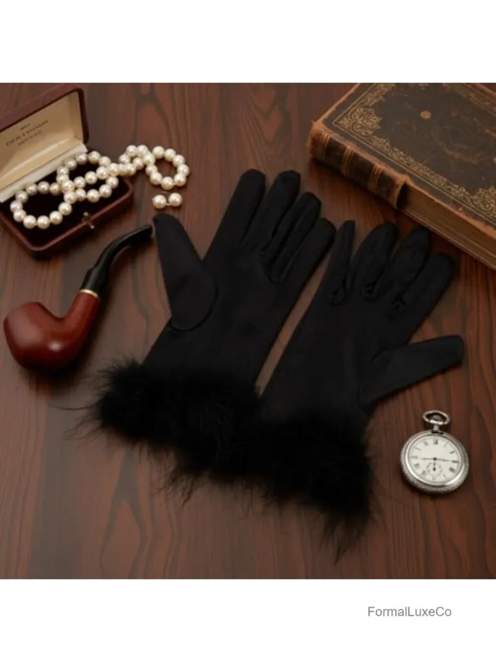 Black Satin Opera Gloves with Feathers for Wedding Banquet 1920s Flapper